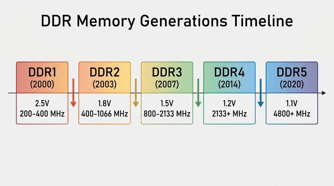 DDR memory generations timeline showing voltage drop and speed increase from DDR1 to DDR5