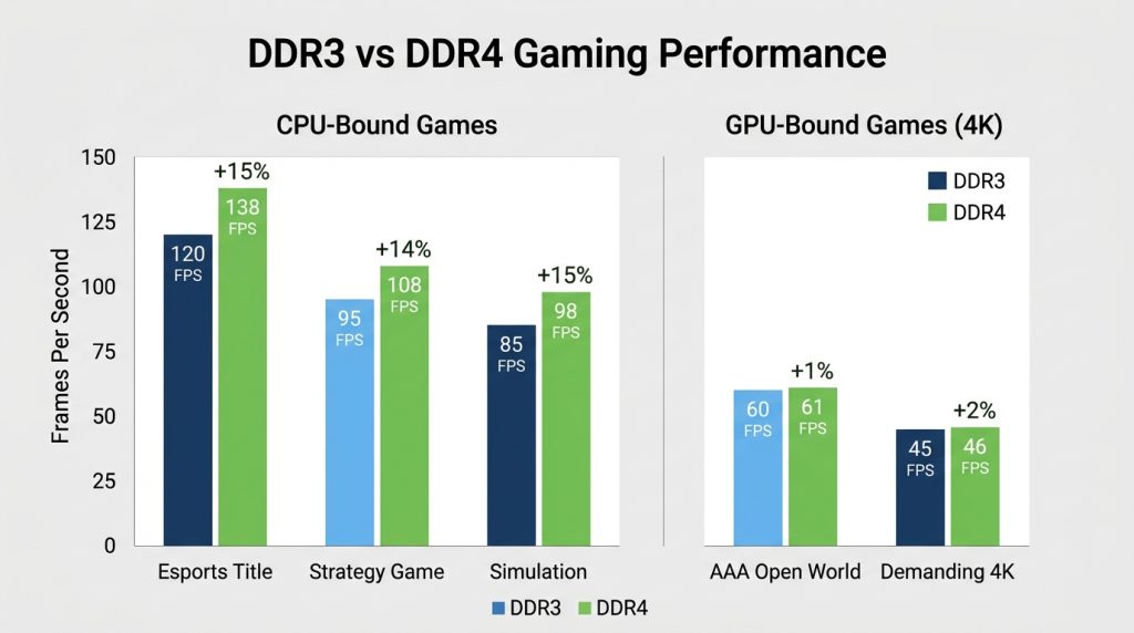 Bar chart showing gaming FPS performance gains DDR4 vs DDR3 across CPU-bound and GPU-bound titles
