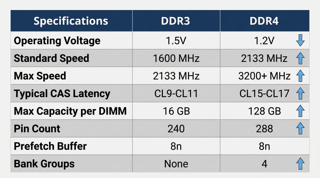 Detailed specifications comparison table DDR3 vs DDR4 voltage latency bandwidth capacity