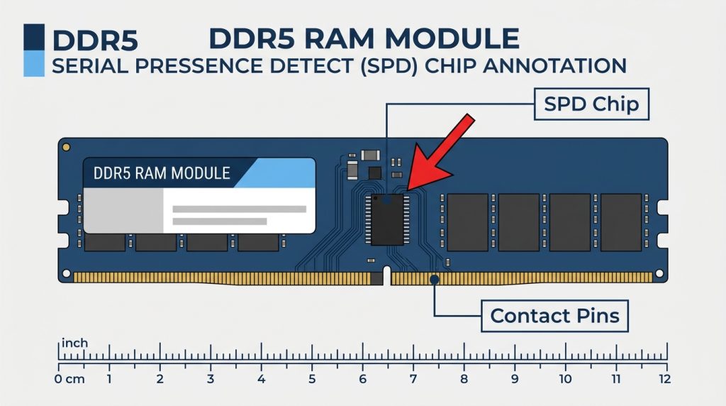 DDR5 RAM stick with SPD chip location annotated and labeled on memory module