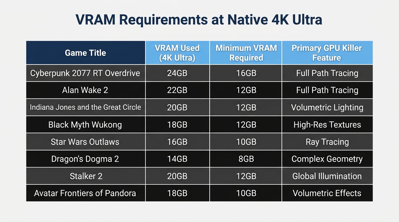 Horizontal bar chart comparing VRAM consumption for demanding PC games at native 4K in 2026, led by Black Myth: Wukong