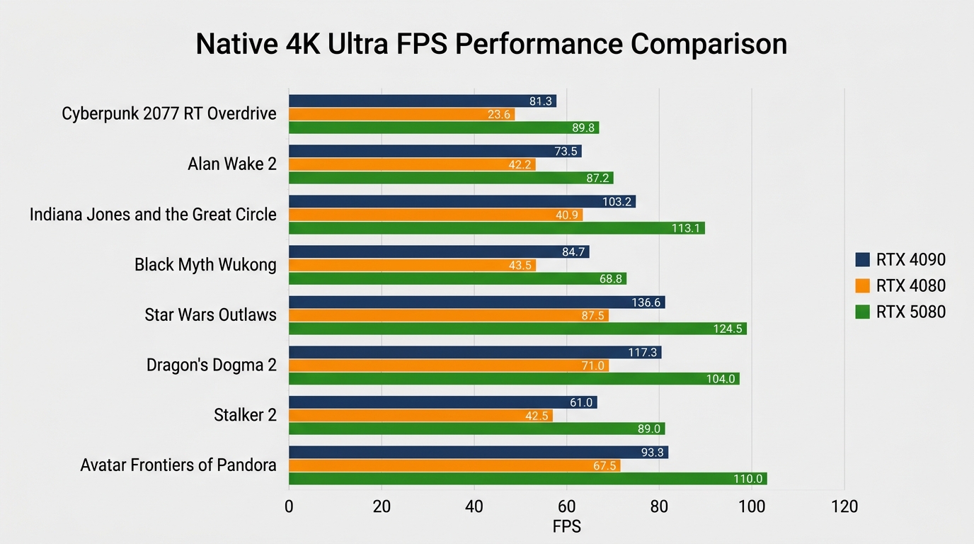 Bar chart showing native 4K Ultra FPS for eight demanding games on RTX 4090, RTX 4080, and RTX 5080 hardware