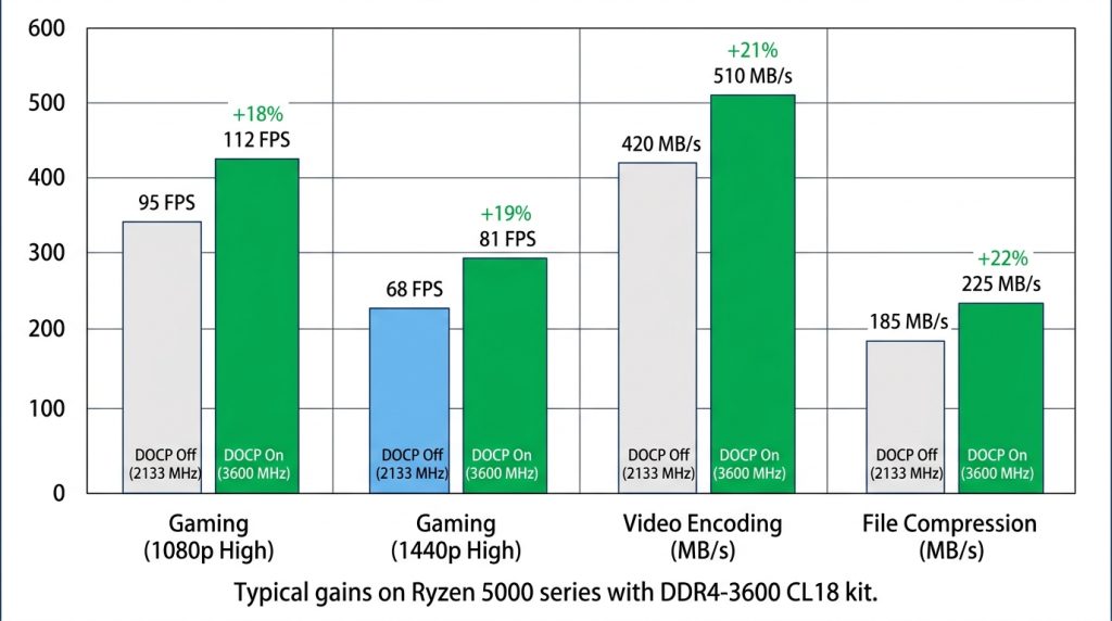 Bar chart comparing gaming FPS and application performance with DOCP disabled versus enabled