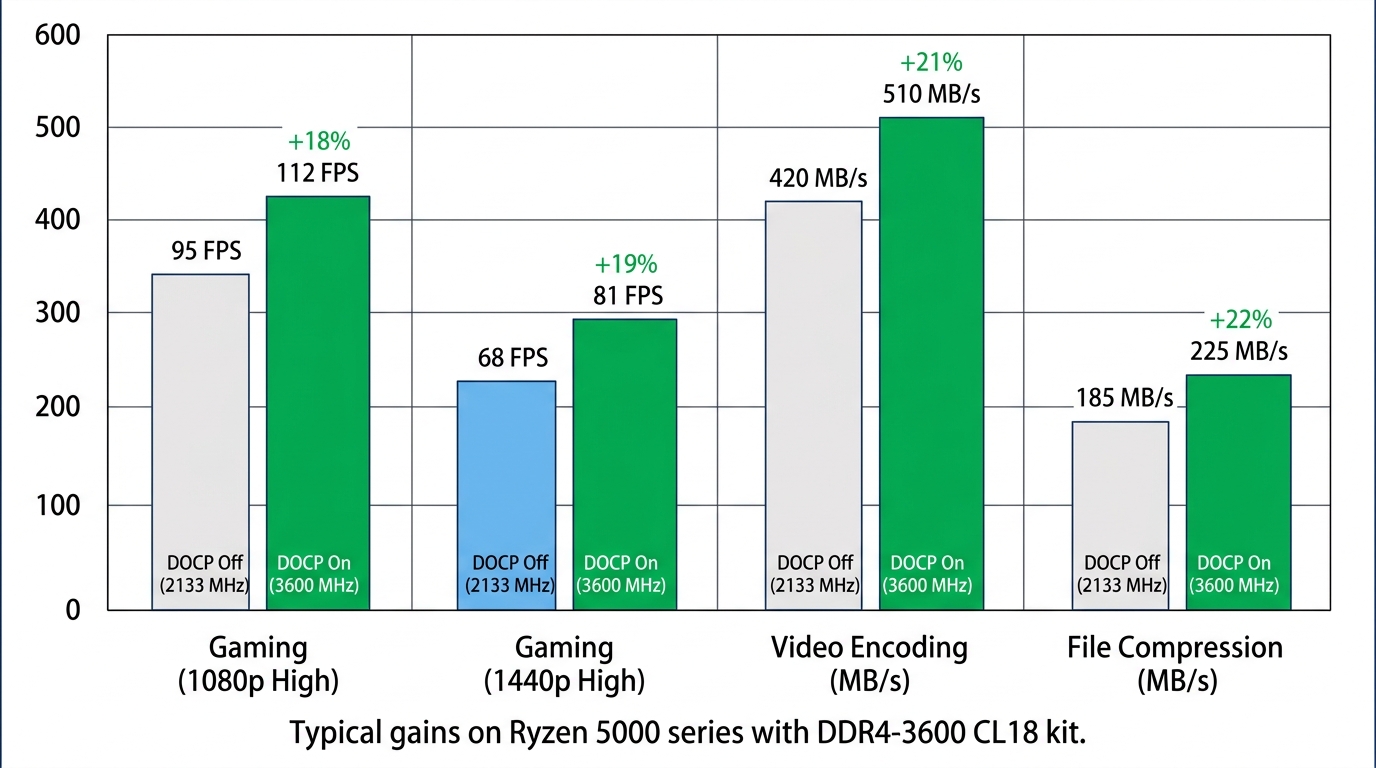Bar chart comparing gaming FPS and application performance with DOCP disabled versus enabled