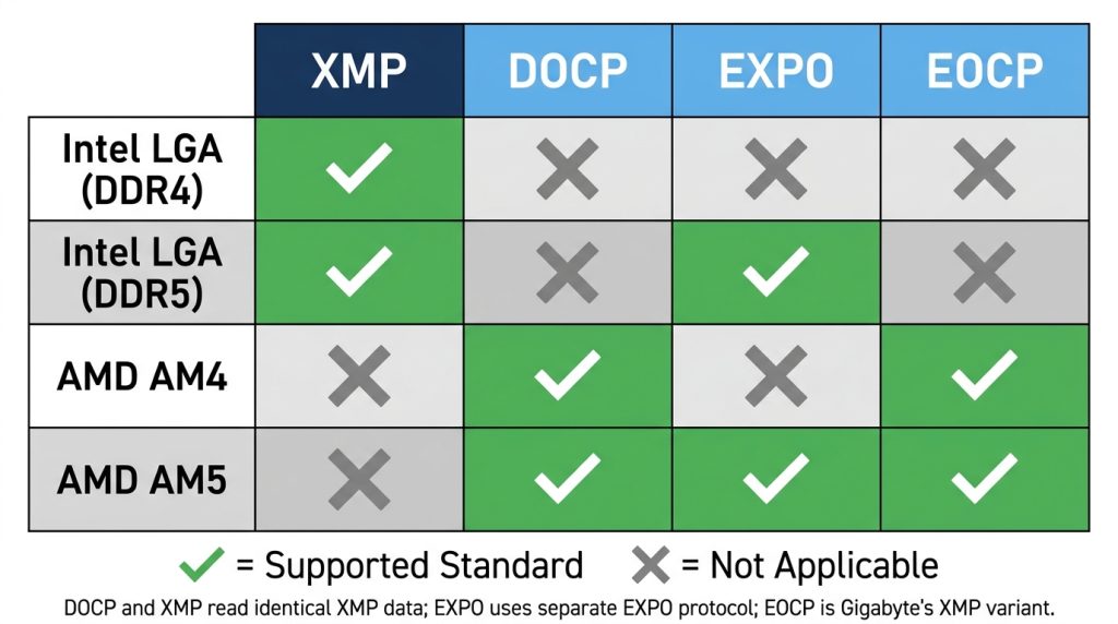 Platform and generation compatibility matrix for DOCP, XMP, EXPO, and EOCP profiles