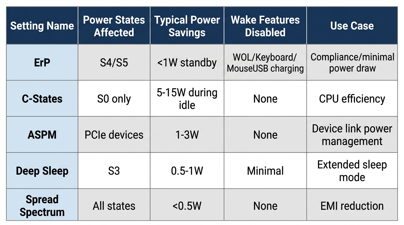 Comparison table of ErP, C-States, ASPM, and other BIOS power management settings
