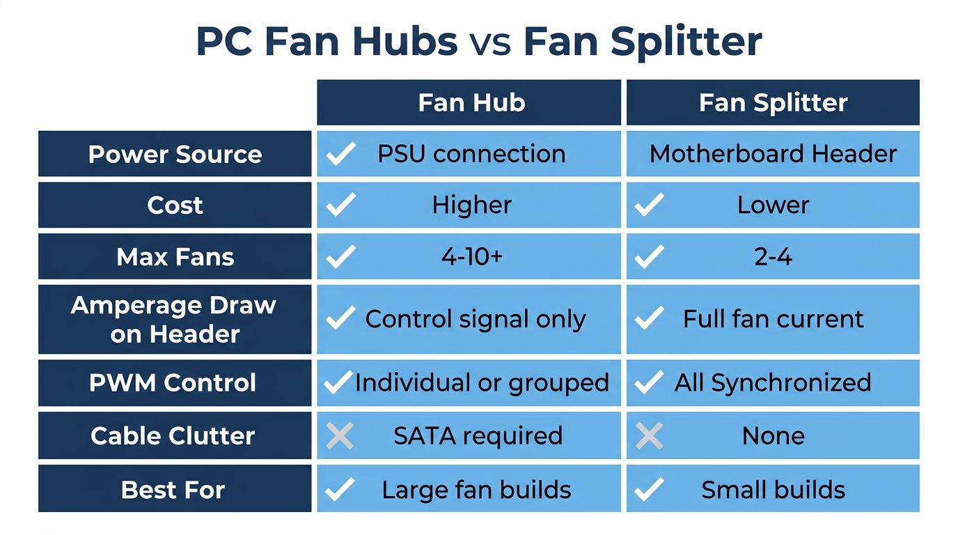 fan hub vs splitter cost power amperage PWM control comparison