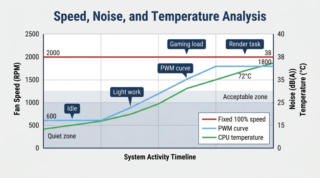 Fan speed RPM noise dB temperature response curve fixed versus controlled