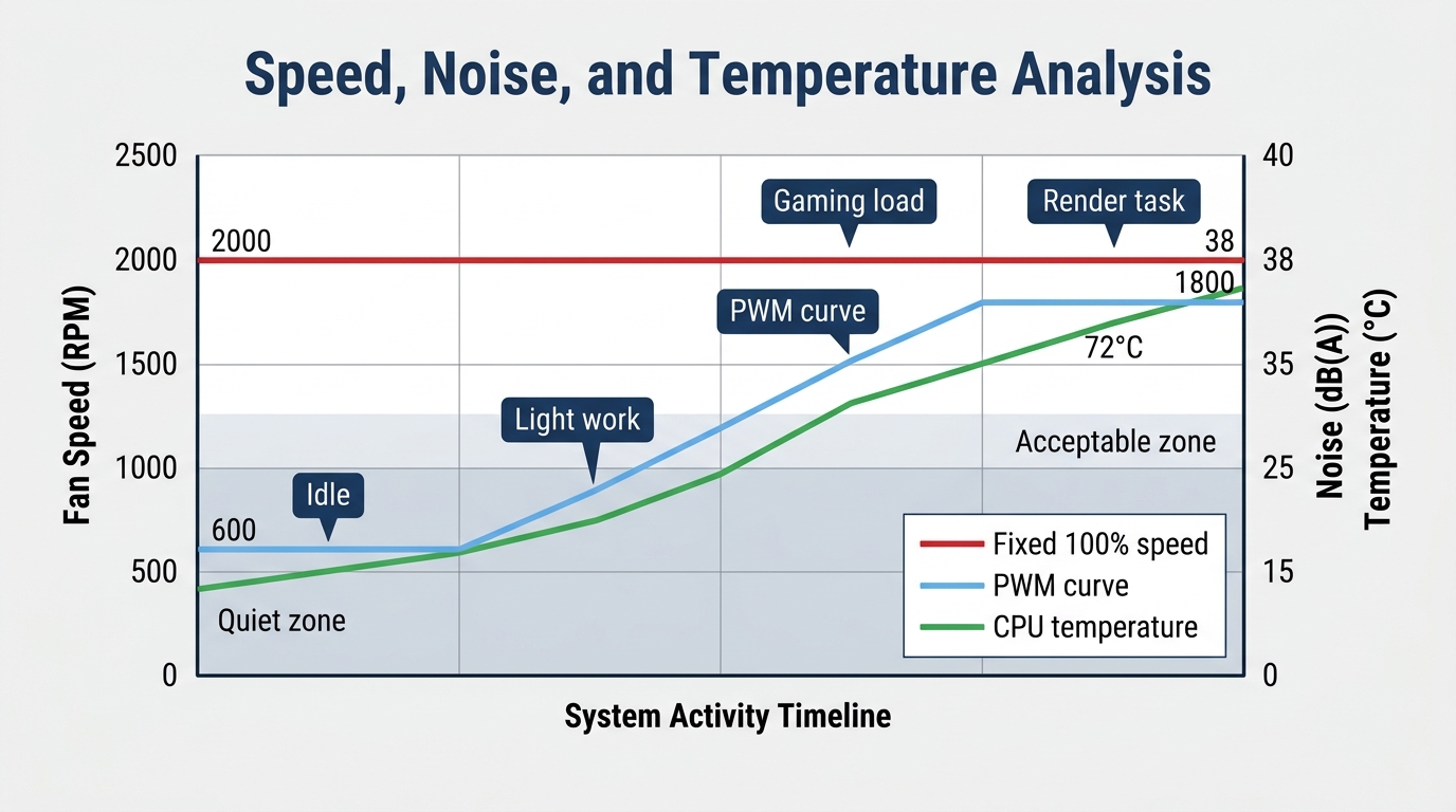 Fan speed RPM noise dB temperature response curve fixed versus controlled