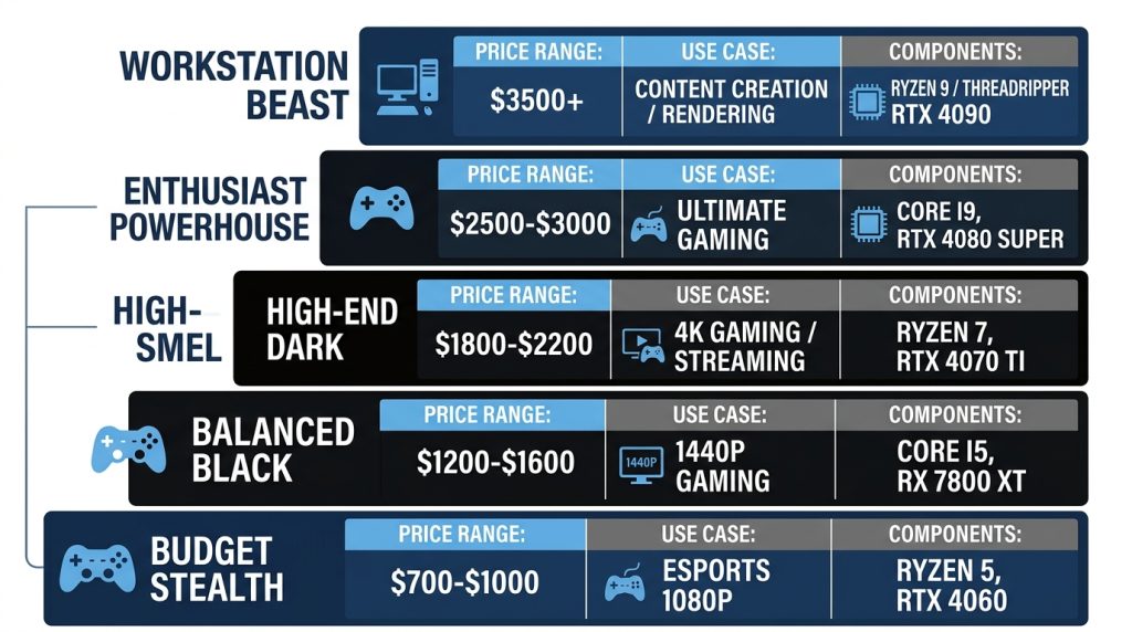 Five all-black PC build tiers from budget to high-end, comparing price and performance levels