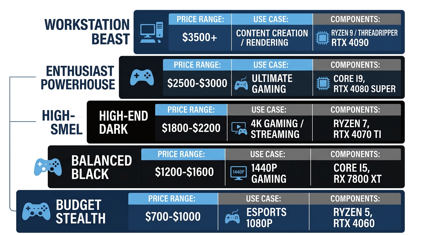 Five all-black PC build tiers from budget to high-end, comparing price and performance levels
