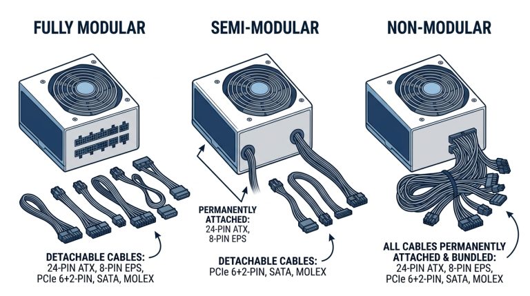 fully modular semi-modular non-modular PSU cables attached comparison