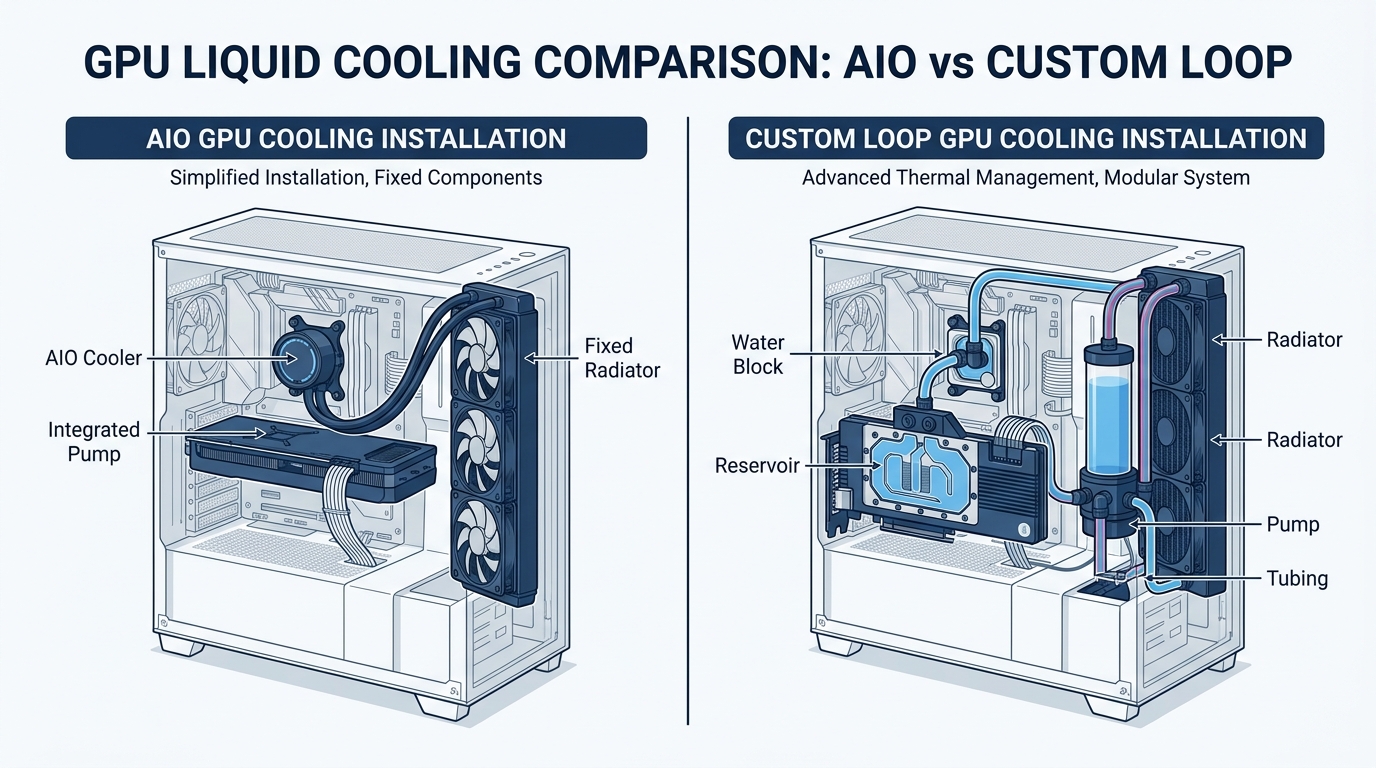 Side-by-side comparison of GPU AIO liquid cooler and custom open-loop water cooling setups