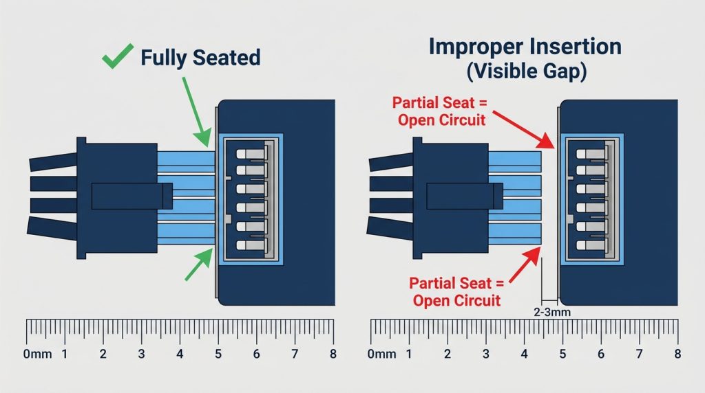 8-pin GPU power connector showing proper full seating versus partial insertion gap