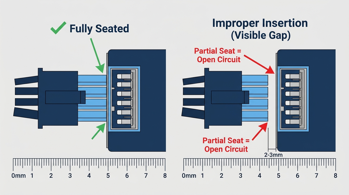 8-pin GPU power connector showing proper full seating versus partial insertion gap