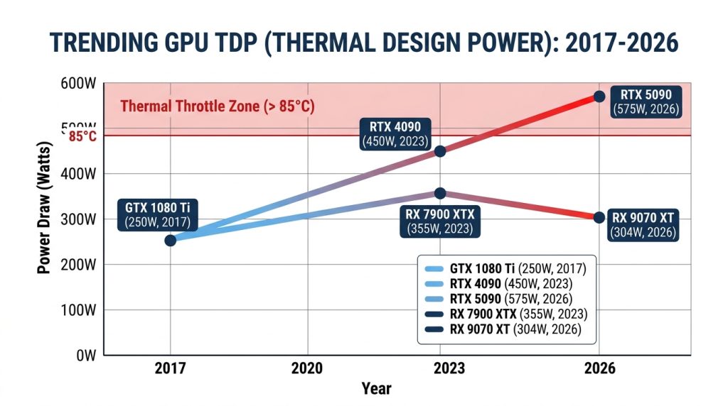 Chart showing increasing GPU power draw trend from GTX 1080 Ti at 250W to RTX 5090 at 575W