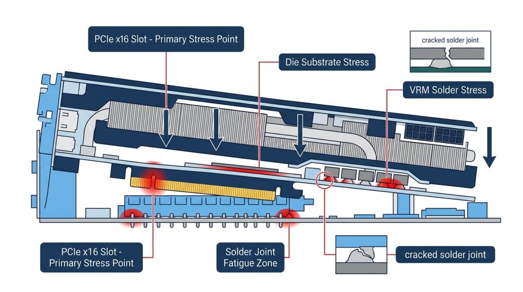PCB stress points and solder joint failure zones on sagging graphics card