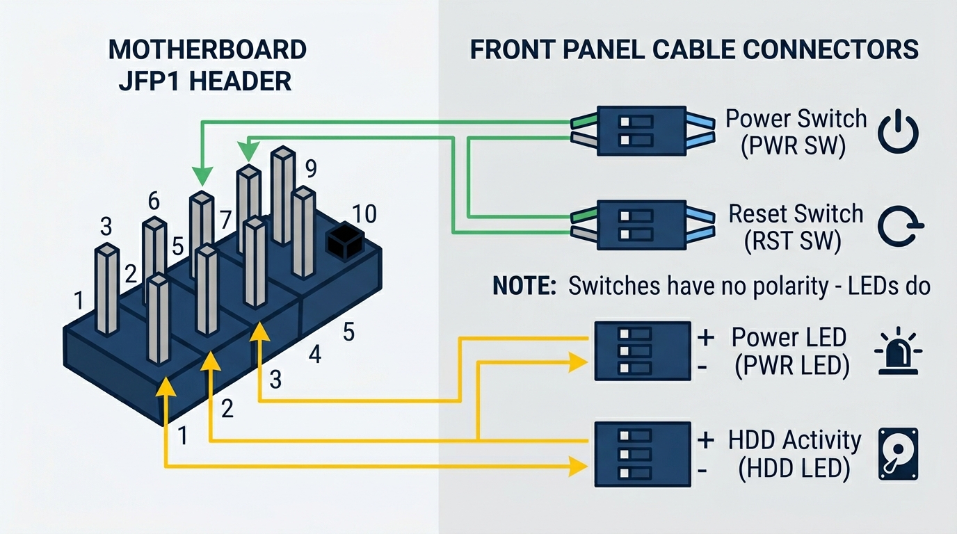 JFP1 front panel cable connections power button reset LED guide