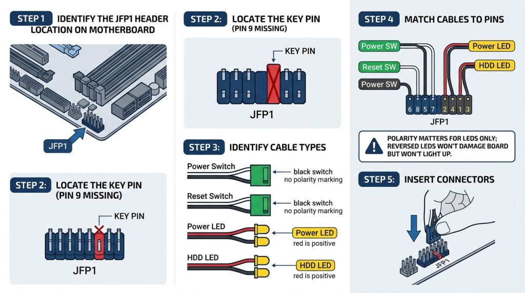 Step-by-step JFP1 front panel cable connection process with orientation guide
