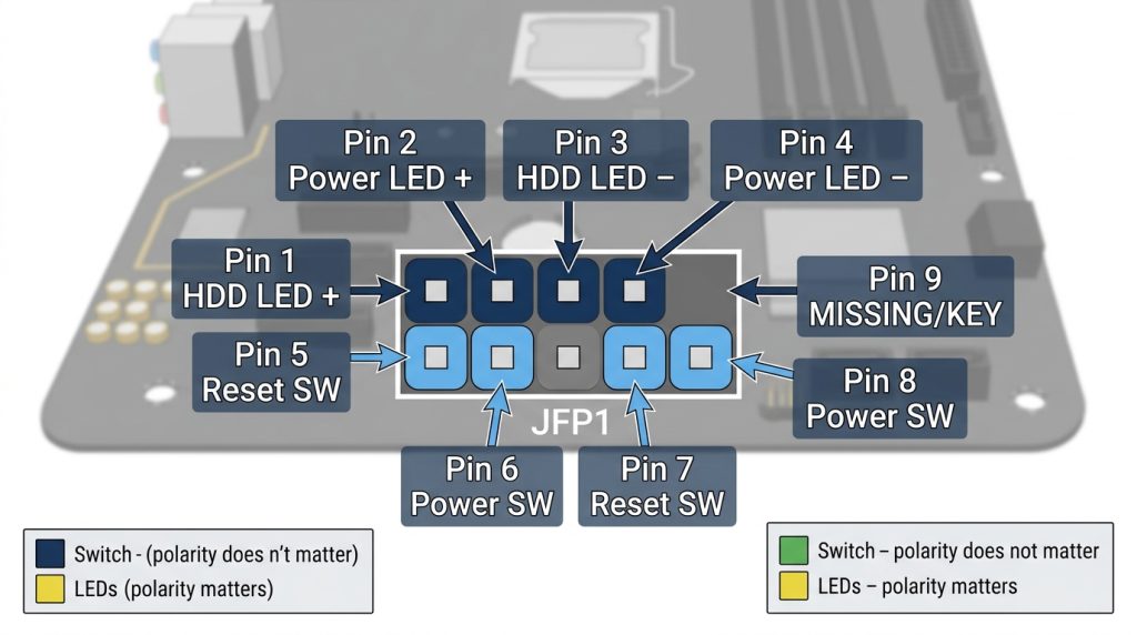 JFP1 header with labeled pins 1-9 and the missing pin 10 key for orientation