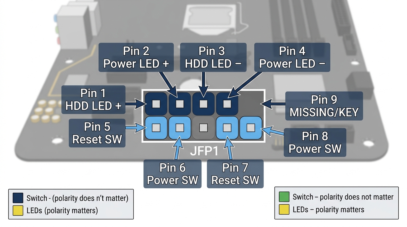 JFP1 9-pin header with labeled pins 1-8 and missing pin 9 key orientation