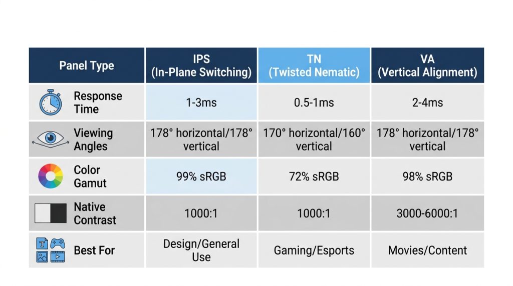 LCD panel type comparison table IPS TN VA response time viewing angle color gamut contrast