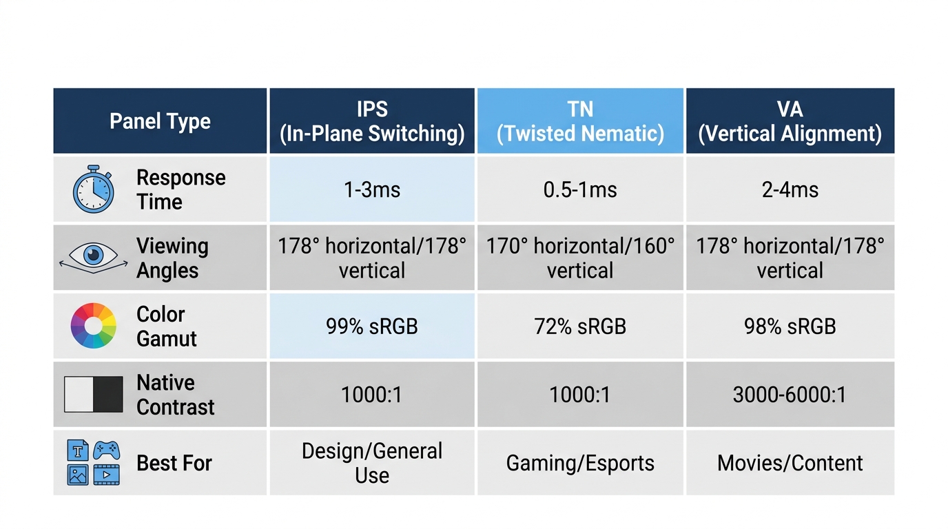 LCD panel type comparison table IPS TN VA response time viewing angle color gamut contrast