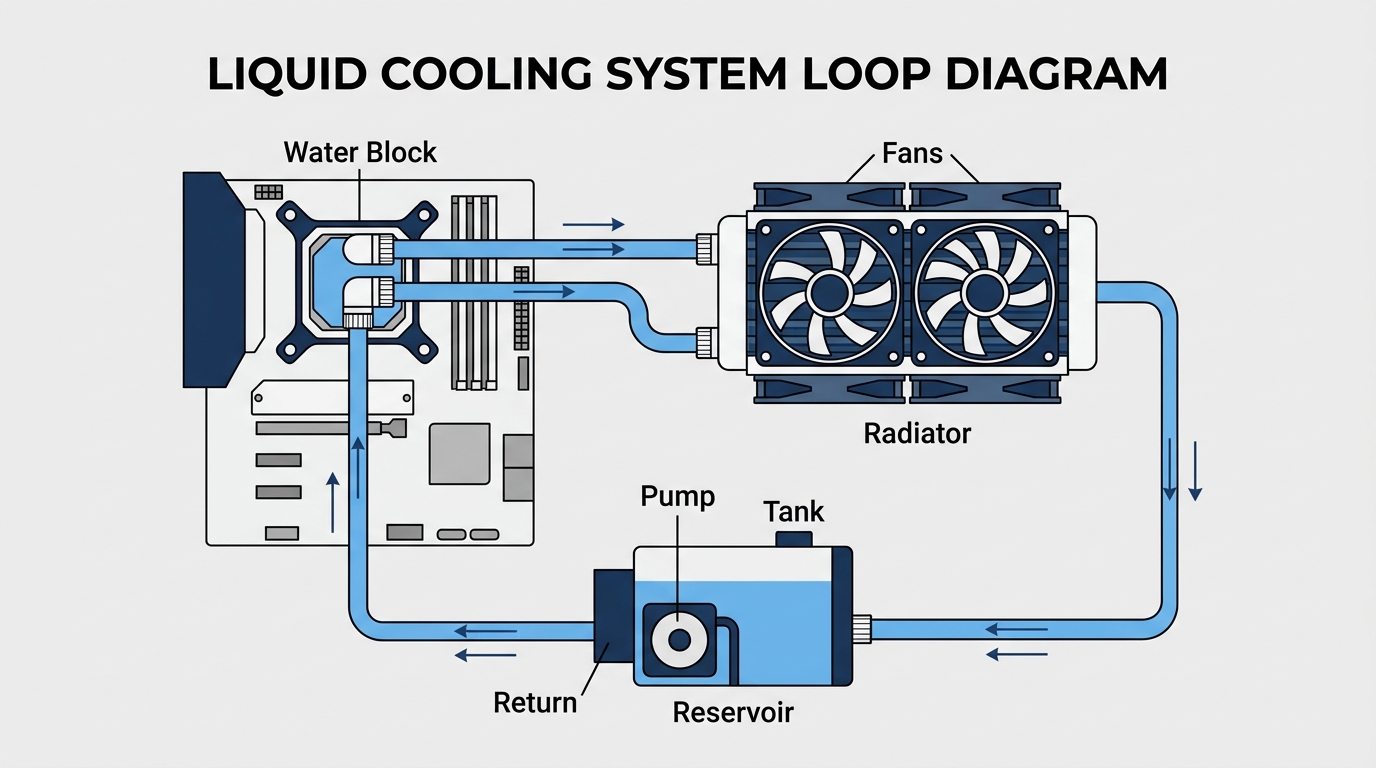 Diagram showing AIO and custom loop liquid cooling types with cost and complexity levels