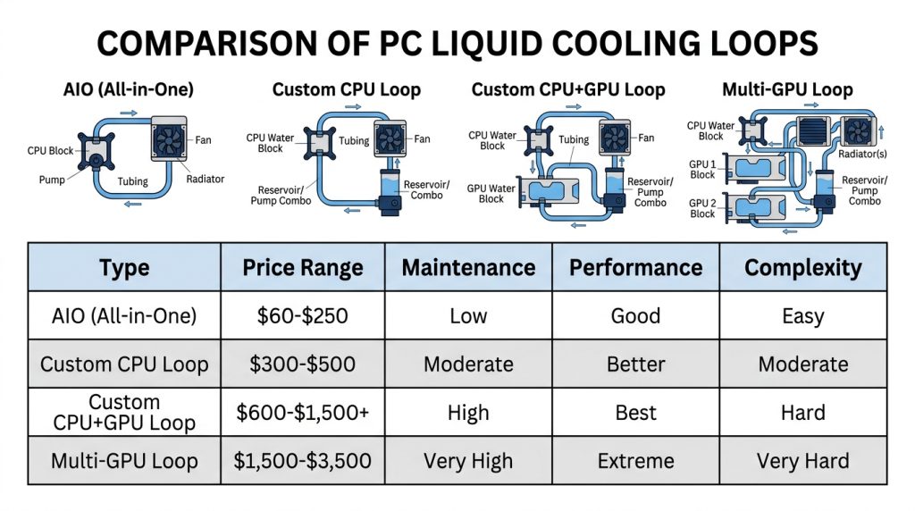Comparison of AIO all-in-one liquid cooler and custom open loop water cooling system configurations