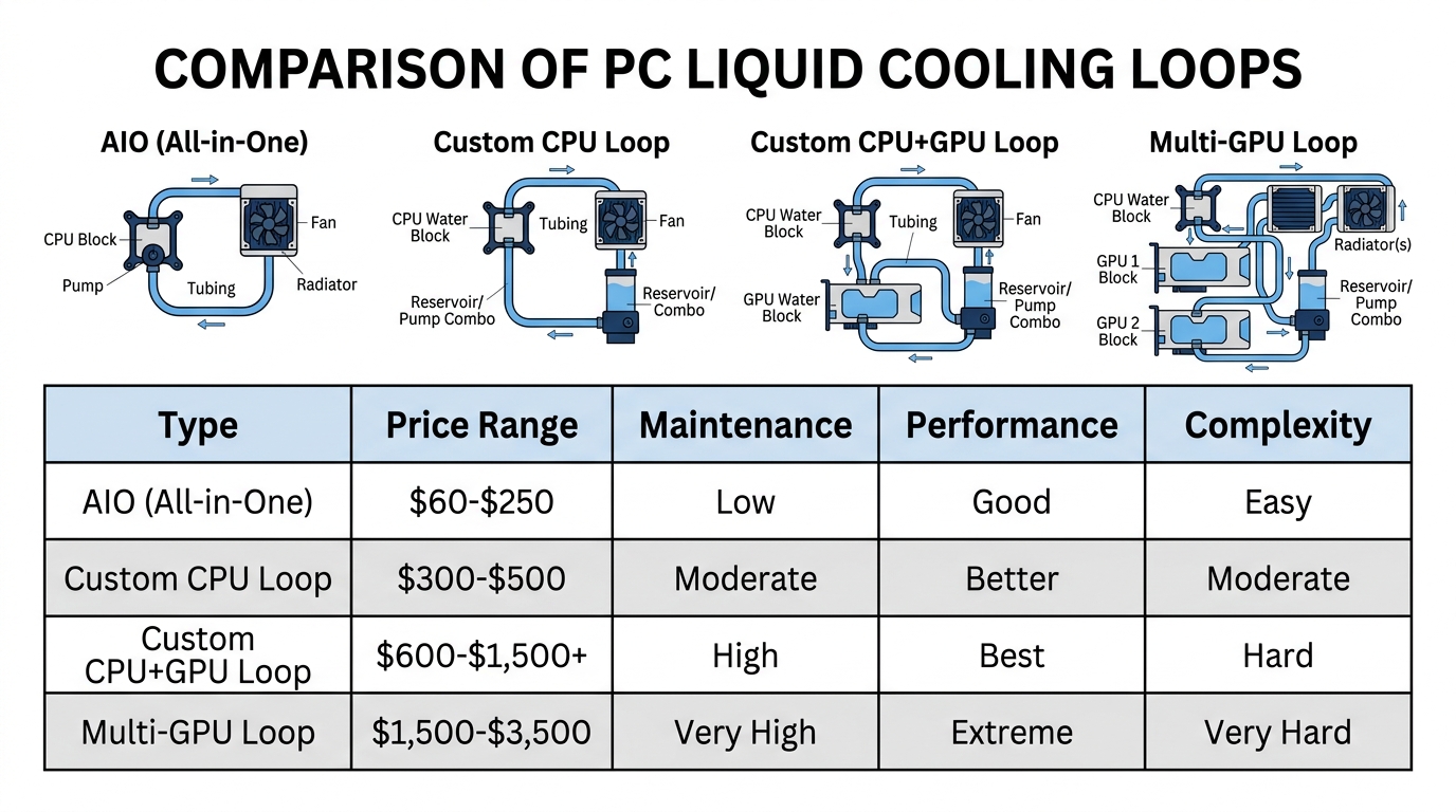 Comparison of AIO all-in-one liquid cooler and custom open loop water cooling system configurations
