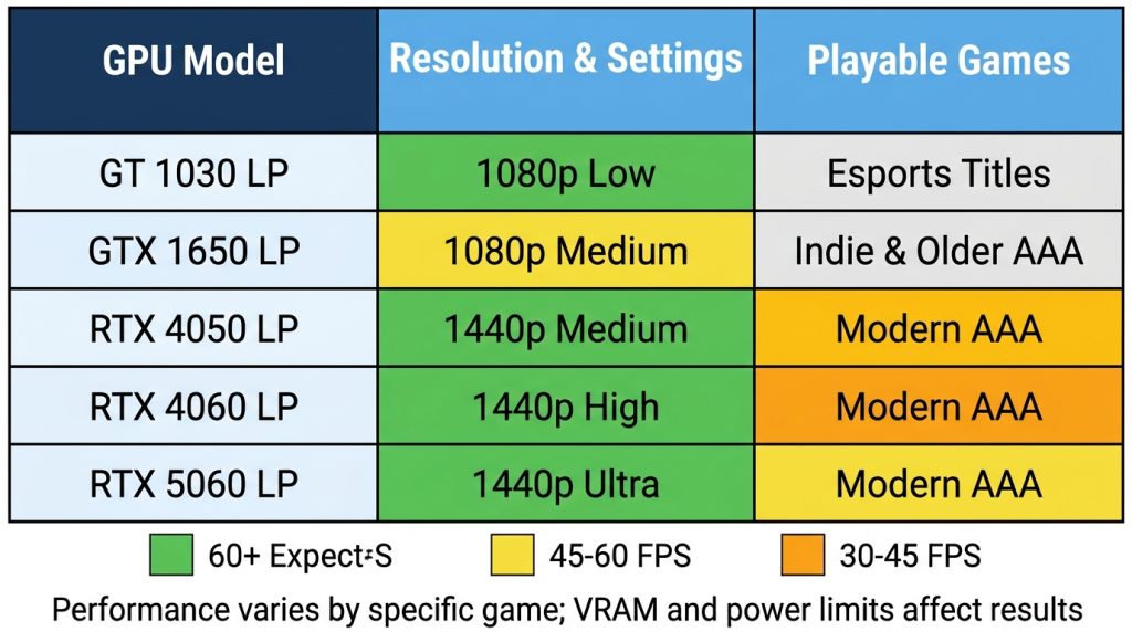 Gaming performance tiers for low profile GPUs showing resolution and settings expectations