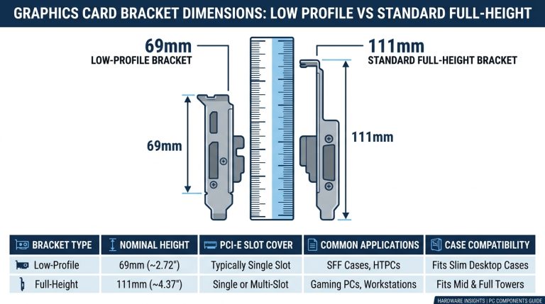 Side-by-side comparison of low profile (69mm) and standard full-height (111mm) PCIe GPU brackets