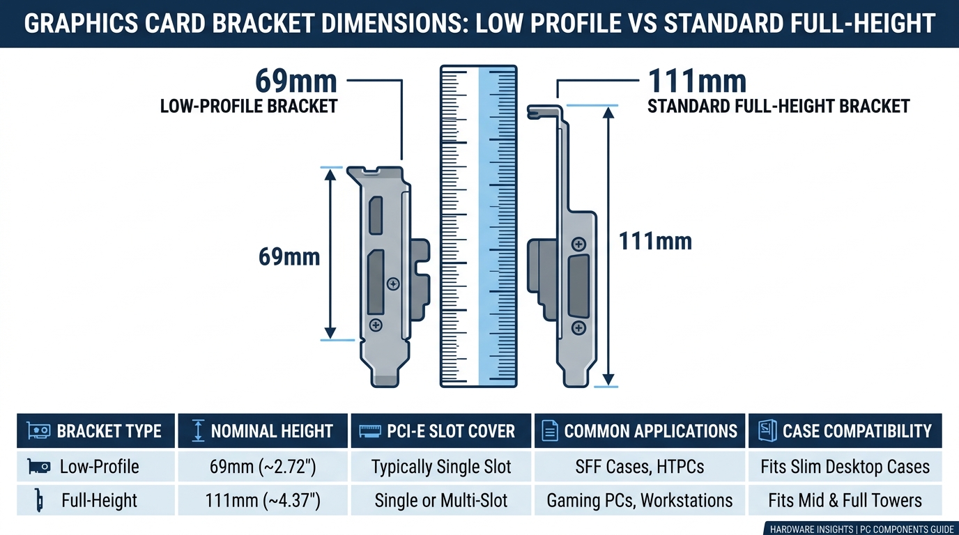 Side-by-side comparison of low profile (69mm) and standard full-height (111mm) PCIe GPU brackets