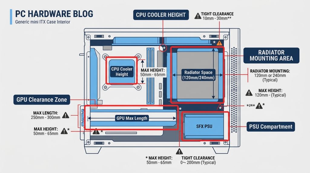 mini ITX case GPU length clearance CPU cooler height radiator compatibility specifications