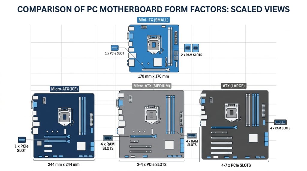 Mini ITX Micro ATX ATX motherboard size dimensions 170mm 244mm 305mm comparison