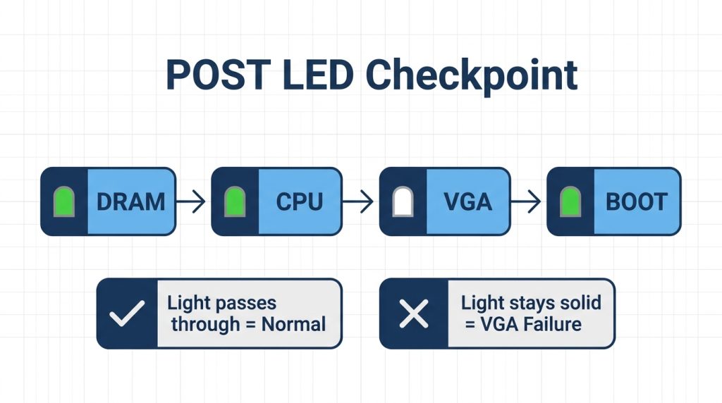 POST LED sequence diagram showing DRAM CPU VGA BOOT checkpoints in order