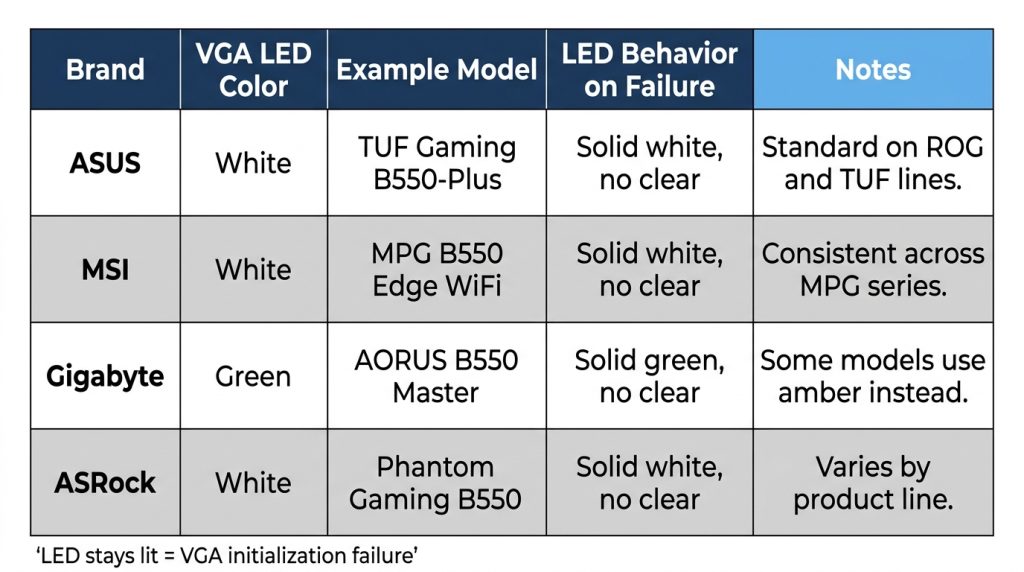 Comparison table of VGA LED colors across ASUS MSI Gigabyte ASRock motherboard brands