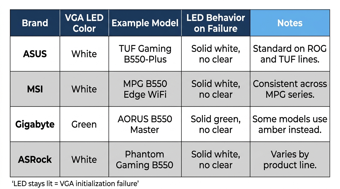 Comparison table of VGA LED colors across ASUS MSI Gigabyte ASRock motherboard brands
