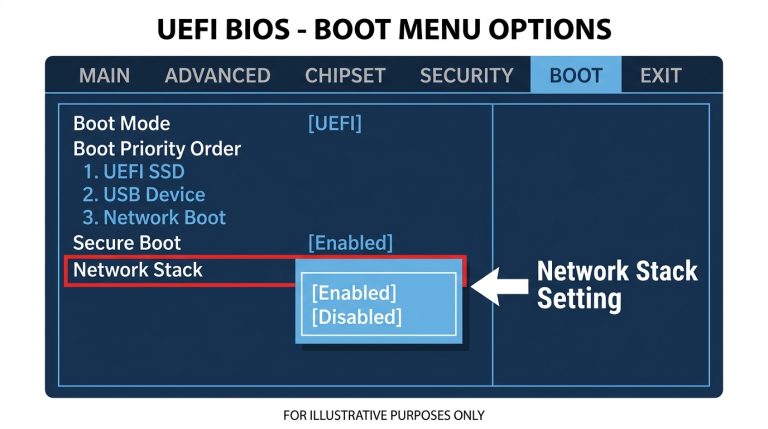UEFI BIOS boot menu showing the Network Stack setting toggled to Enabled