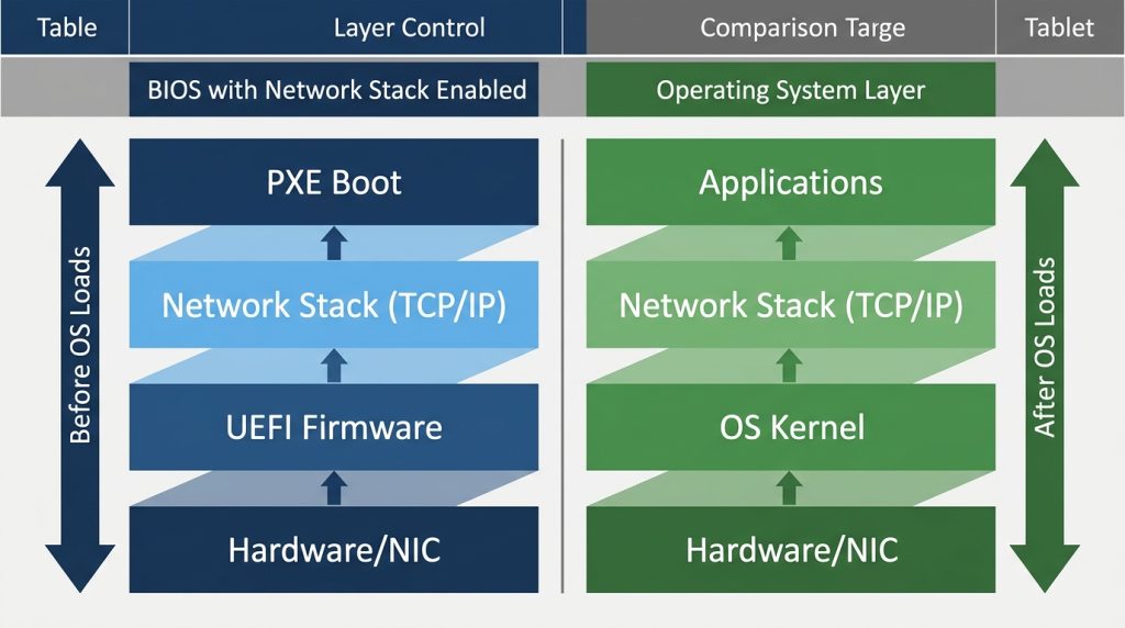 Diagram comparing the pre-OS firmware network stack with the operating system TCP/IP stack