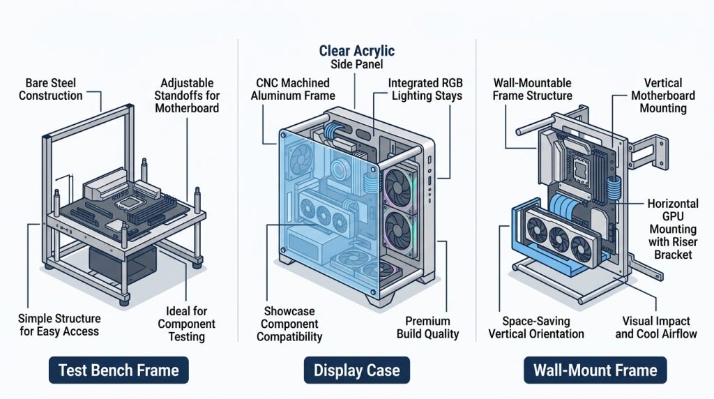 three open air PC case types: test bench frame, display case, wall-mount frame