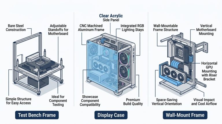 three open air PC case types: test bench frame, display case, wall-mount frame