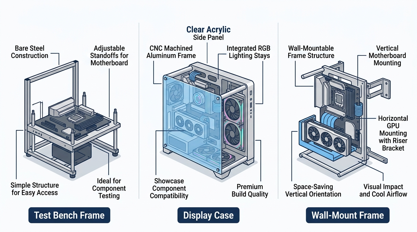 three open air PC case types: test bench frame, display case, wall-mount frame