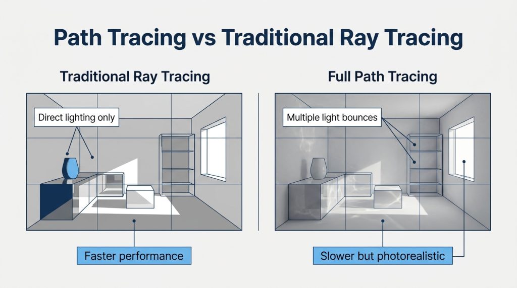 Illustration comparing standard ray traced lighting with full path traced lighting in a game scene