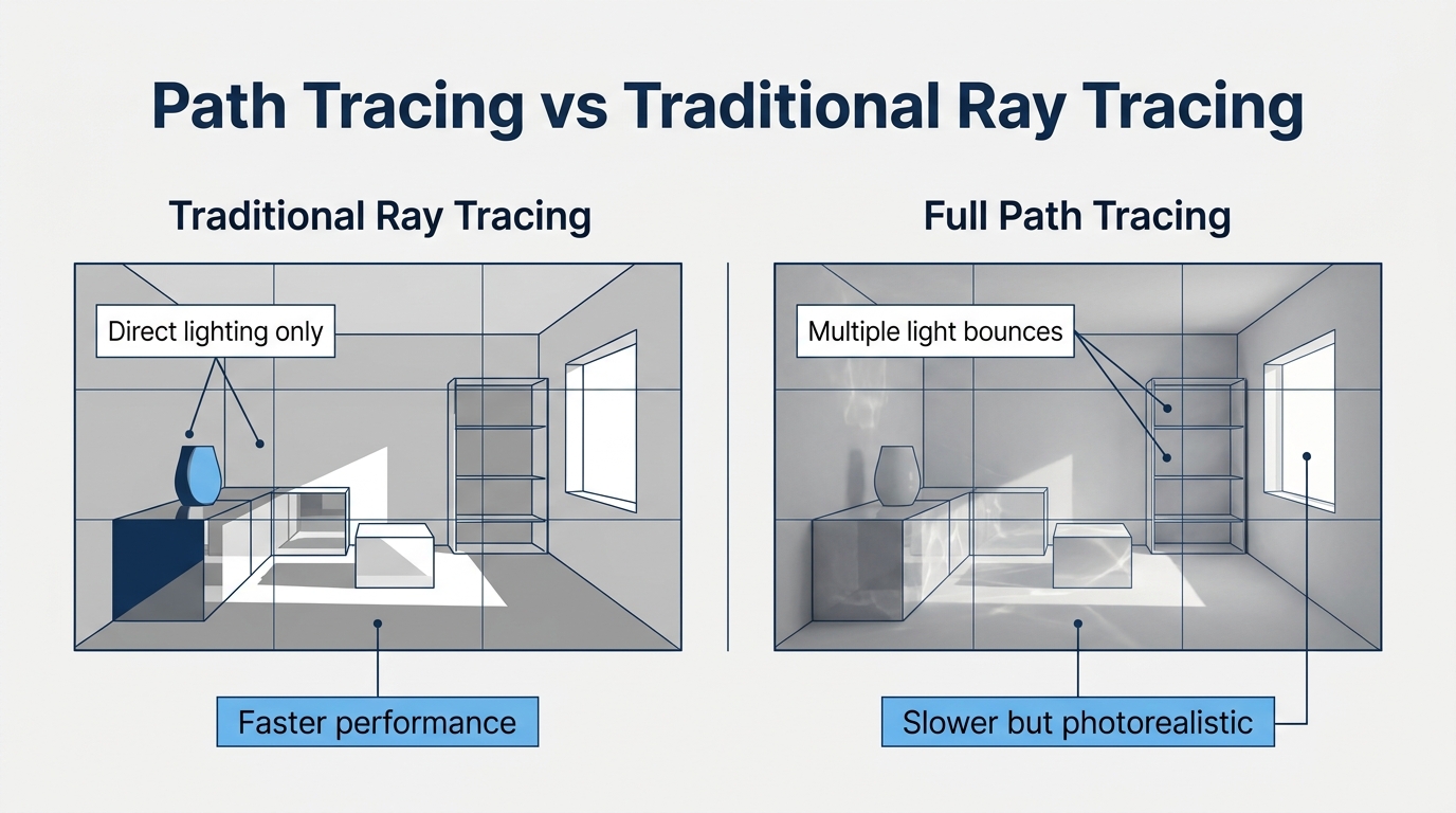 Side-by-side in-game screenshot comparing standard ray tracing lighting on the left and full path tracing on the right