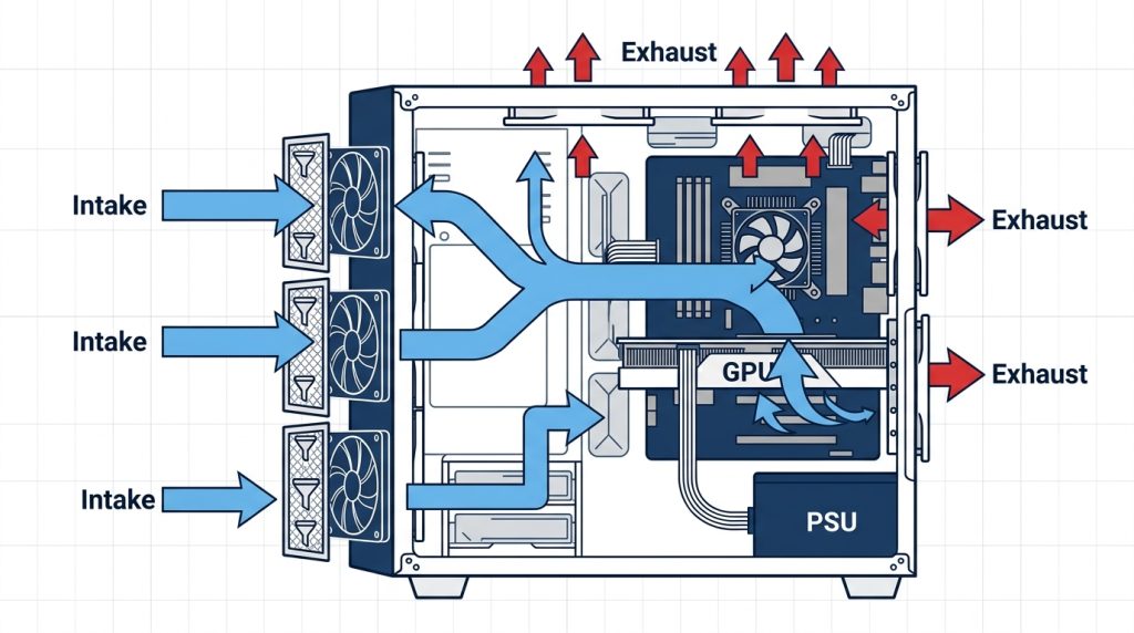 PC case airflow diagram intake exhaust fans front rear top bottom