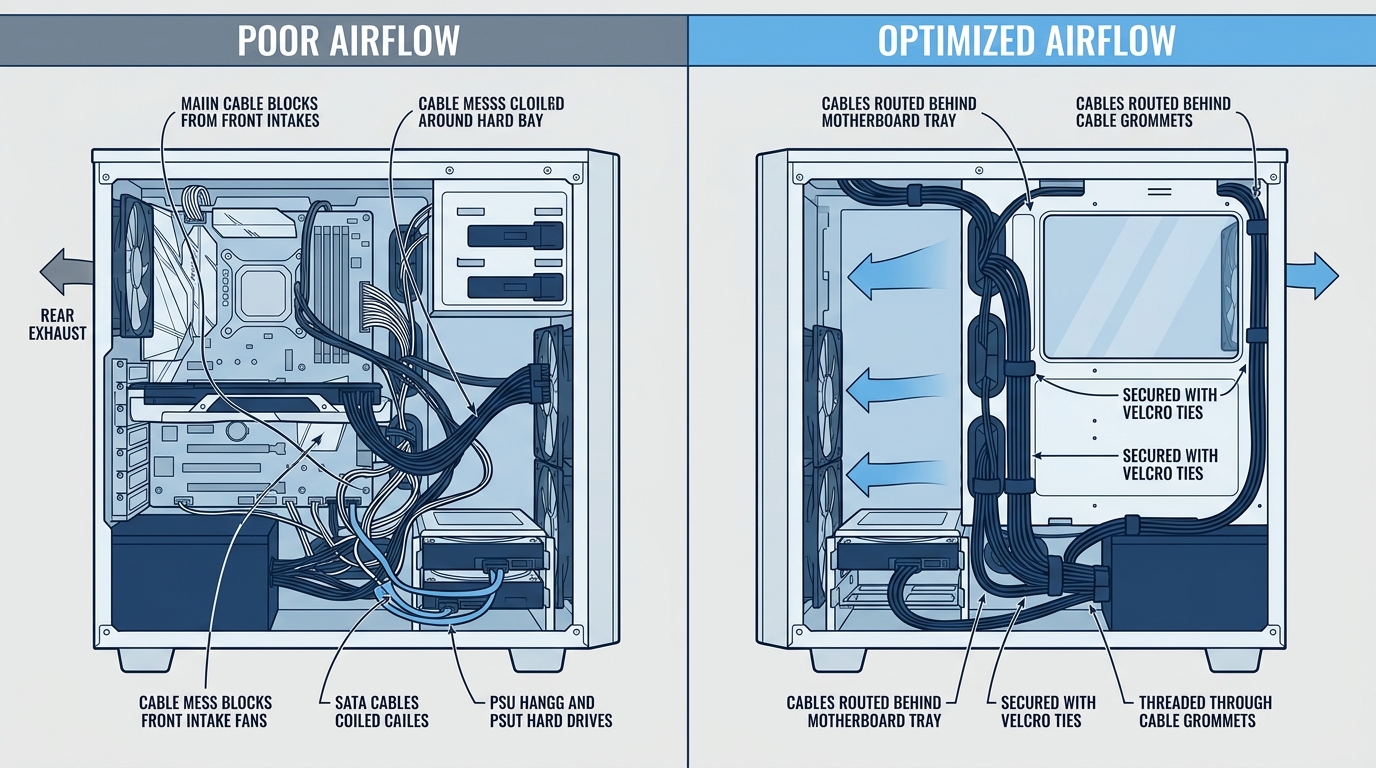PC case cable management before and after comparison messy vs organized routing