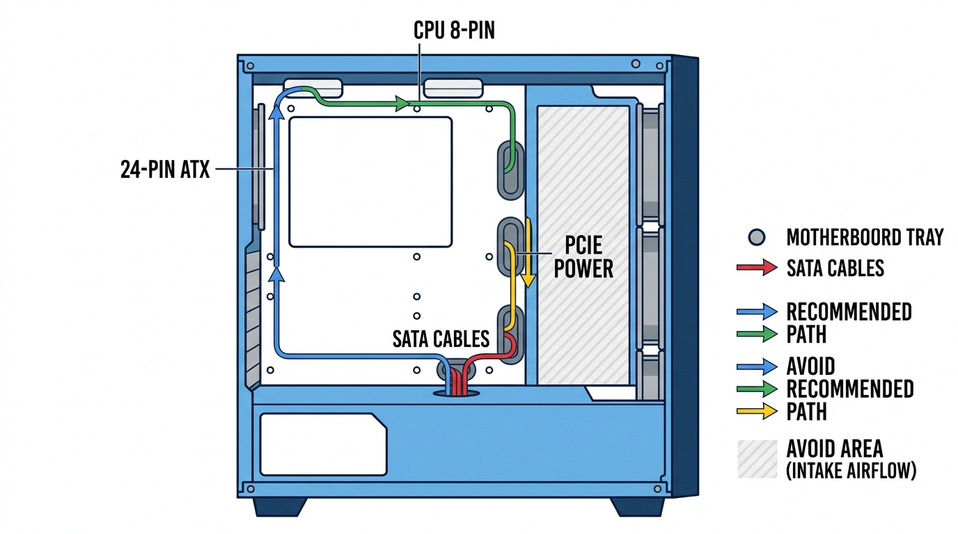 PC case cable routing diagram motherboard tray grommets PSU compartment