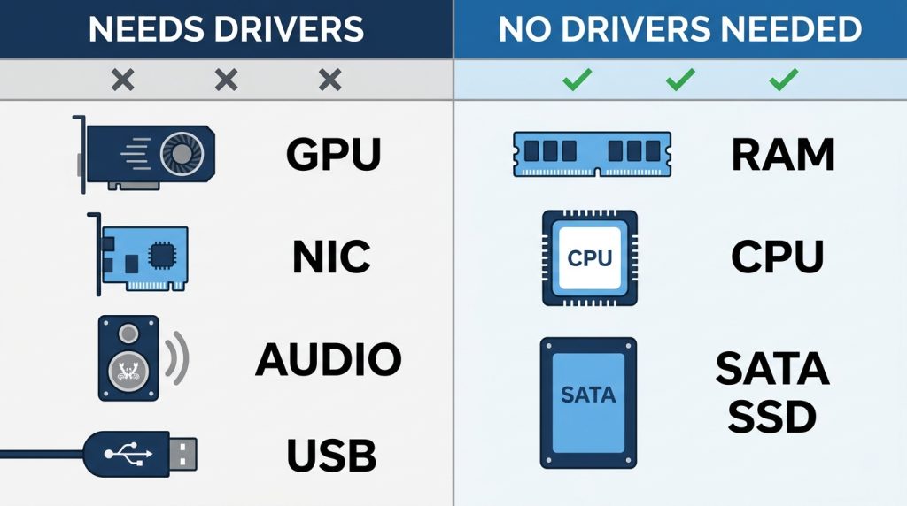 PC components split into needs drivers vs no drivers needed categories RAM CPU GPU