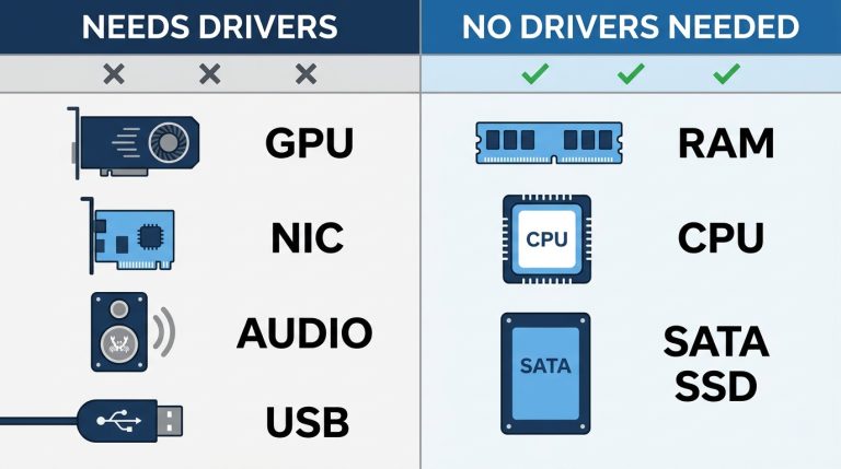PC components split into needs drivers vs no drivers needed categories RAM CPU GPU